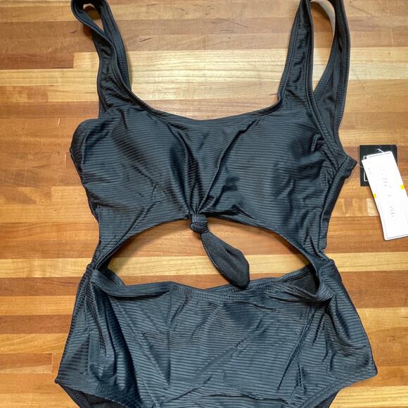 Salt+Cove Sizzle Ribbed Knot-Front One-Piece Swimsuit Black S - Picture 2 of 8